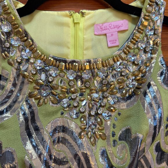 Lilly Pulitzer Chartreuse Fancy Occassion Mini Dress w/Beads and Sparkly Thread - Picture 9 of 12